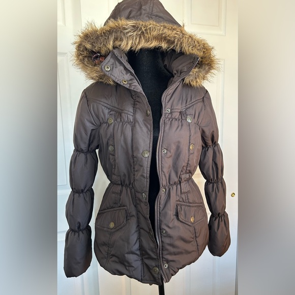 Dollhouse Jackets & Blazers - Dollhouse Chocolate Puffer Coat with Faux Fur Hood